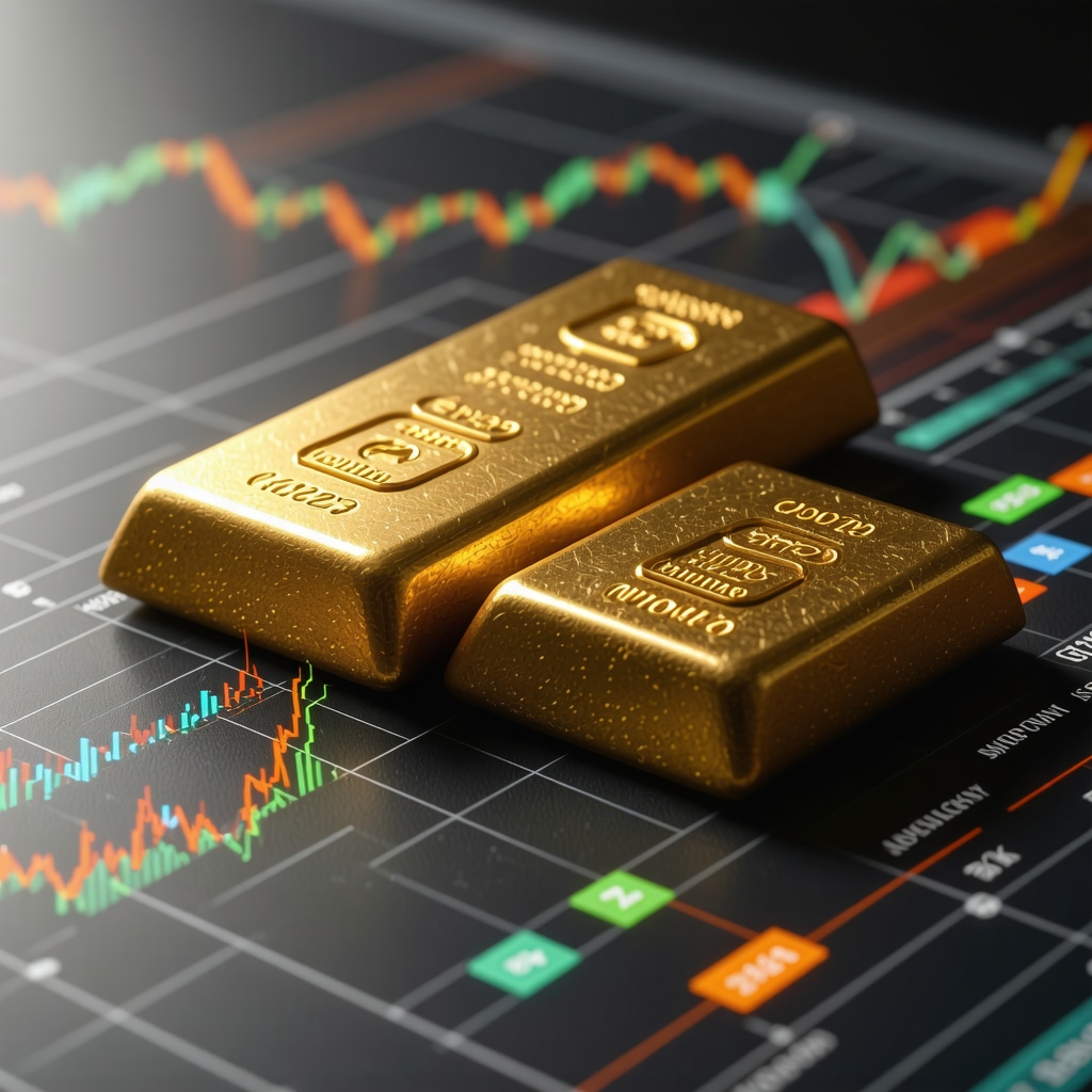 Illustration of gold bars merged with blockchain icons and financial charts symbolizing digital gold assets and investment trends