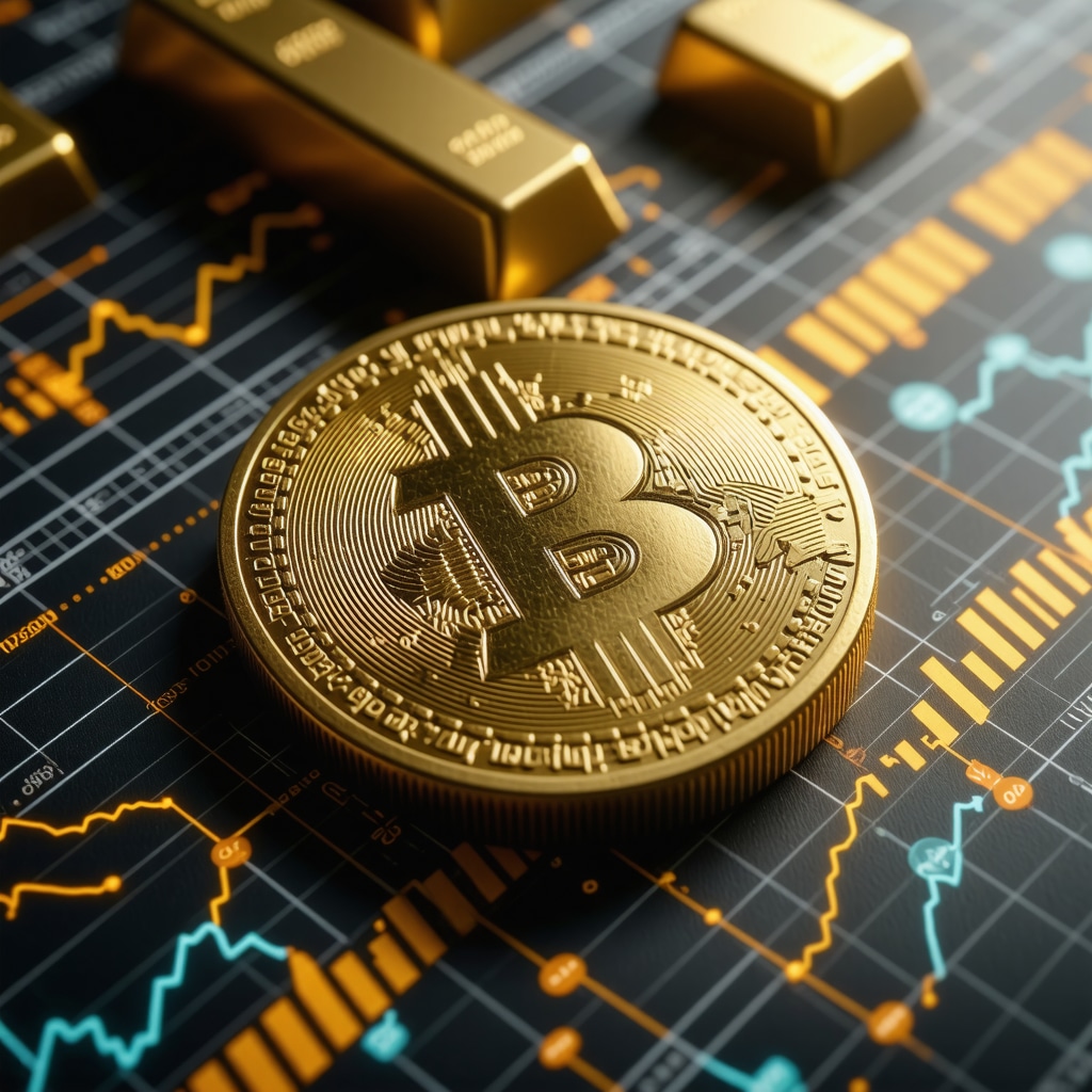 Digital gold token visualized on a blockchain ledger with gold bars and data analytics charts