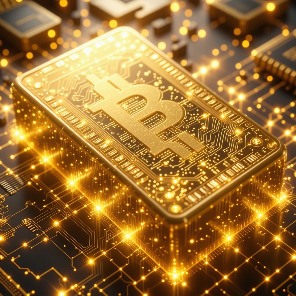 Illustration of a digital gold token on top of physical gold bars representing blockchain-based gold investment