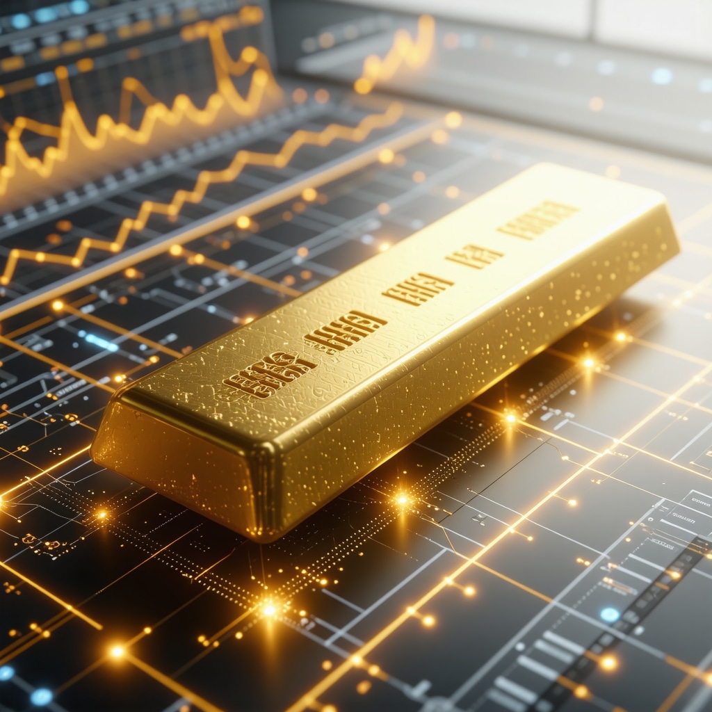 Futuristic digital interface overlaying gold bars with blockchain and AI data visualization