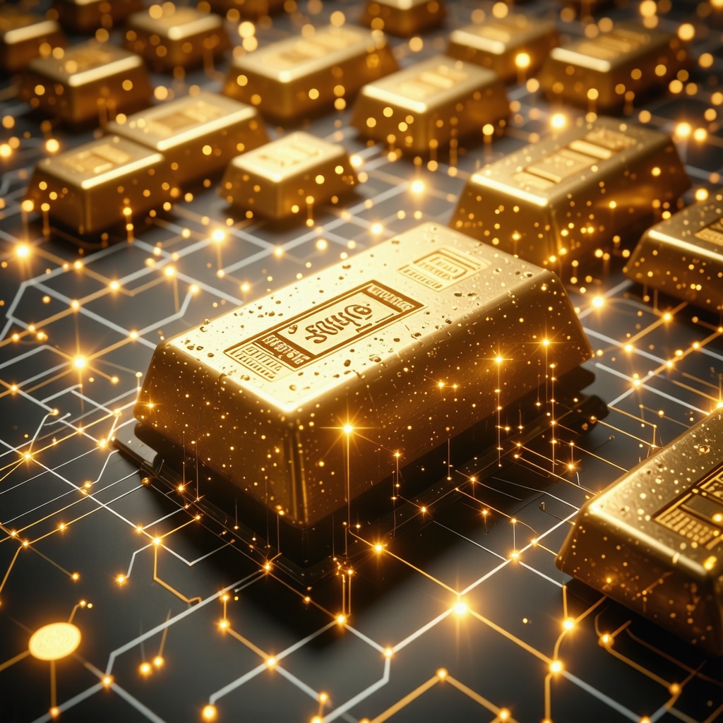 Gold bars transforming into digital tokens over a blockchain background representing tokenized gold investment