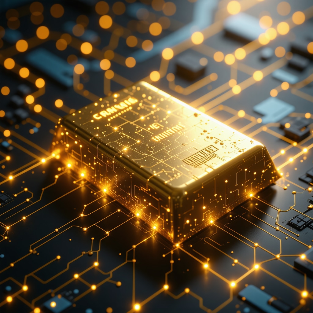 Gold bar with digital blockchain and AI data streams overlay representing advanced gold authentication