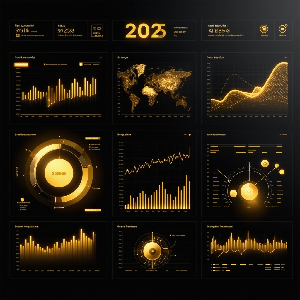 Futuristic dashboard integrating AI analytics, ESG metrics, and gold market trends