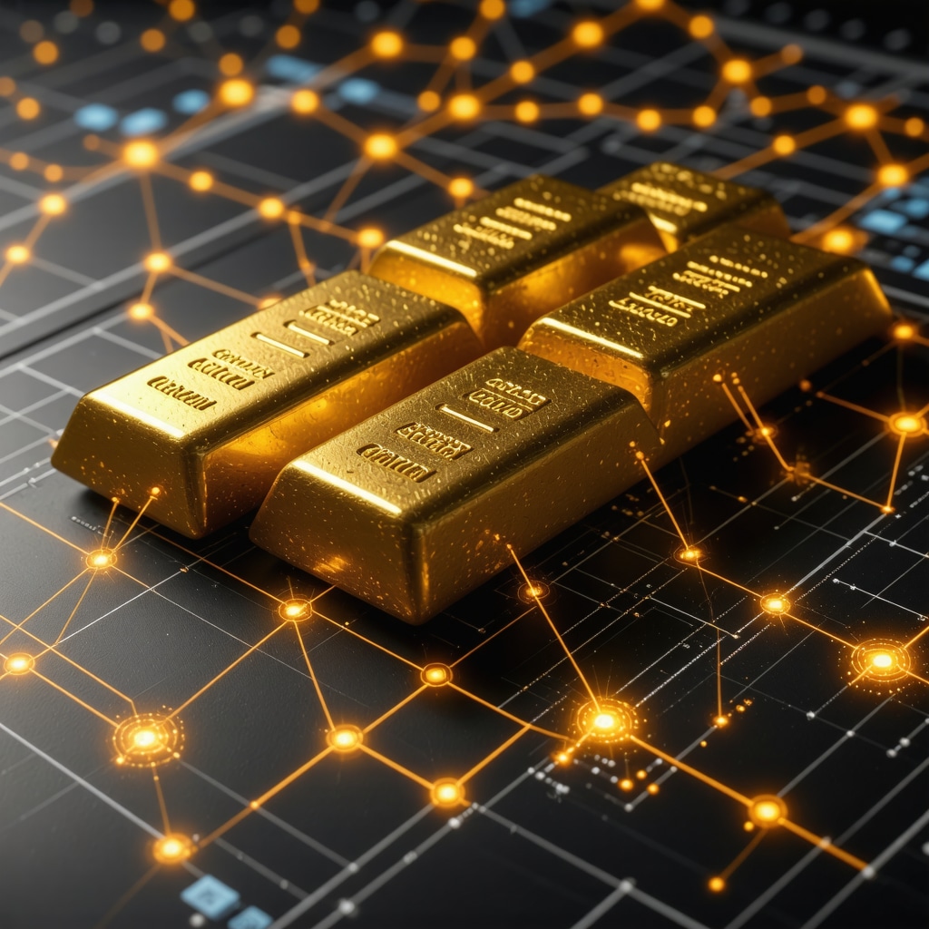 Illustration of gold bars integrated with blockchain nodes and financial charts representing tokenized gold security