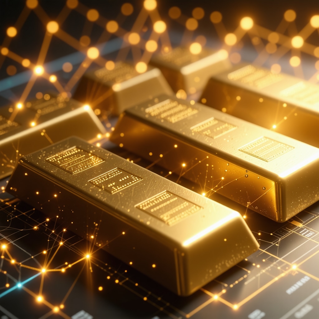 Visualization of gold bars with blockchain and AI data analytics symbols