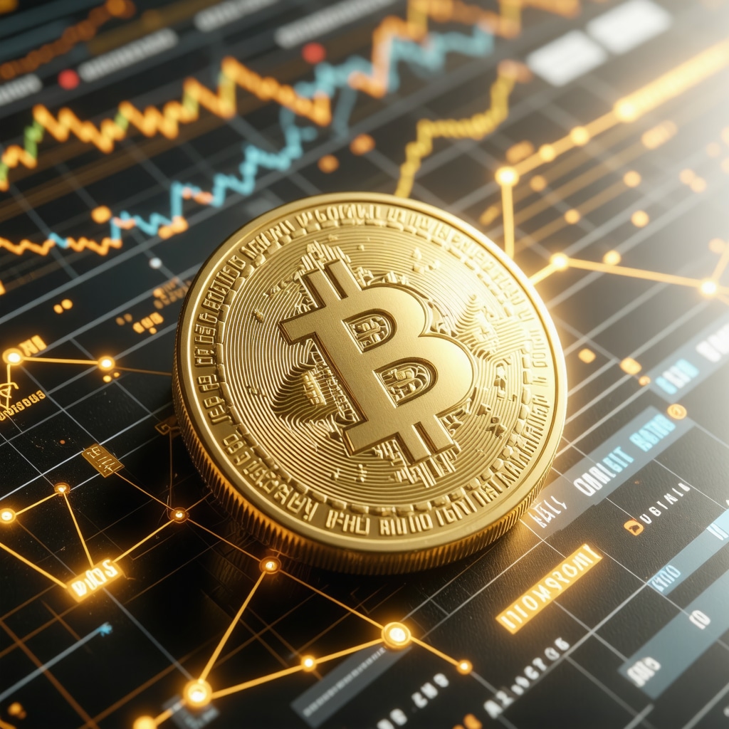 Futuristic digital token of gold on blockchain with AI-driven market analytics and global financial data