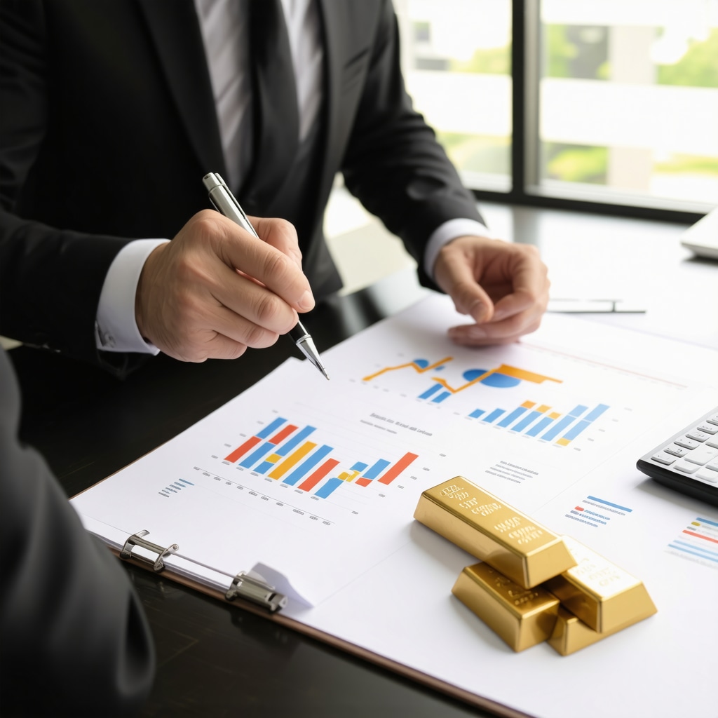 Financial advisor presenting Gold IRA optimization strategies with charts and gold bars
