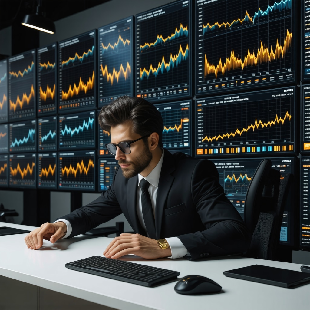 Financial analyst analyzing gold mutual fund performance and macroeconomic data on multiple screens