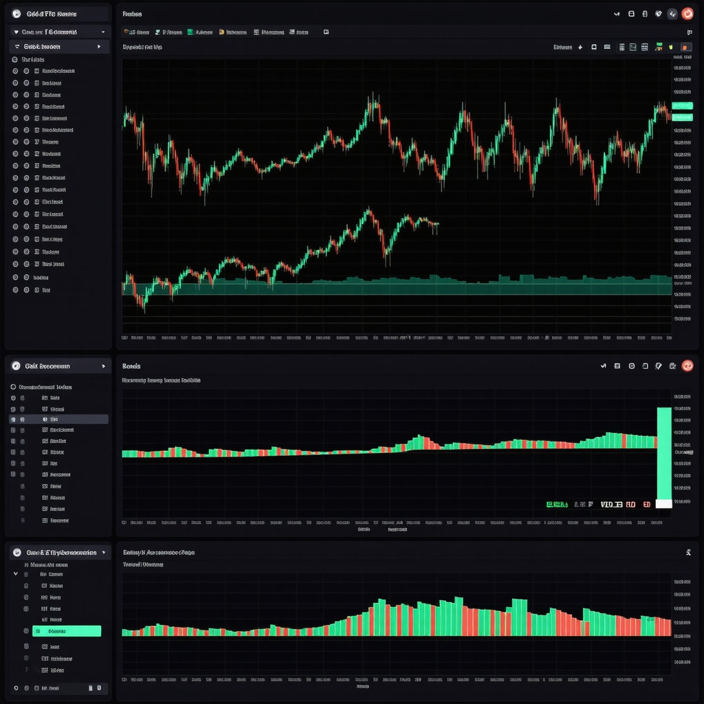 Sophisticated financial dashboard with graphs of gold ETFs, stocks, bonds, cryptocurrency, and macroeconomic indicators