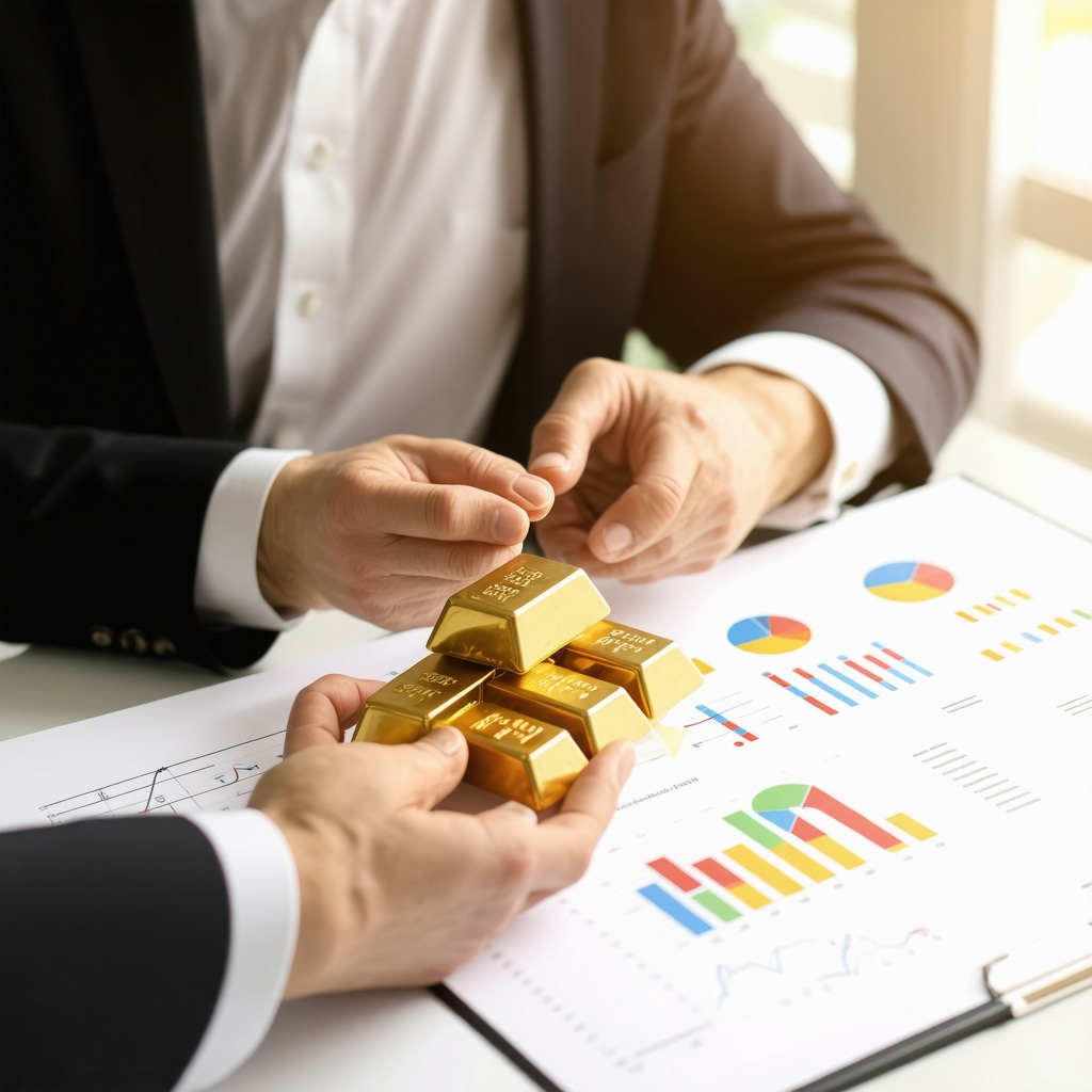 Financial advisor reviewing Gold IRA custodial options and risk management charts with gold bars and documents