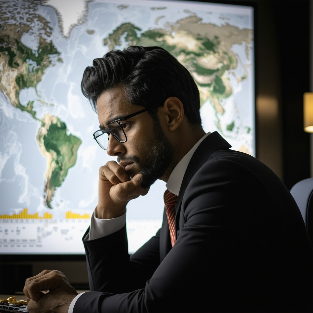 Financial analyst reviewing central bank gold purchase trends and geopolitical maps