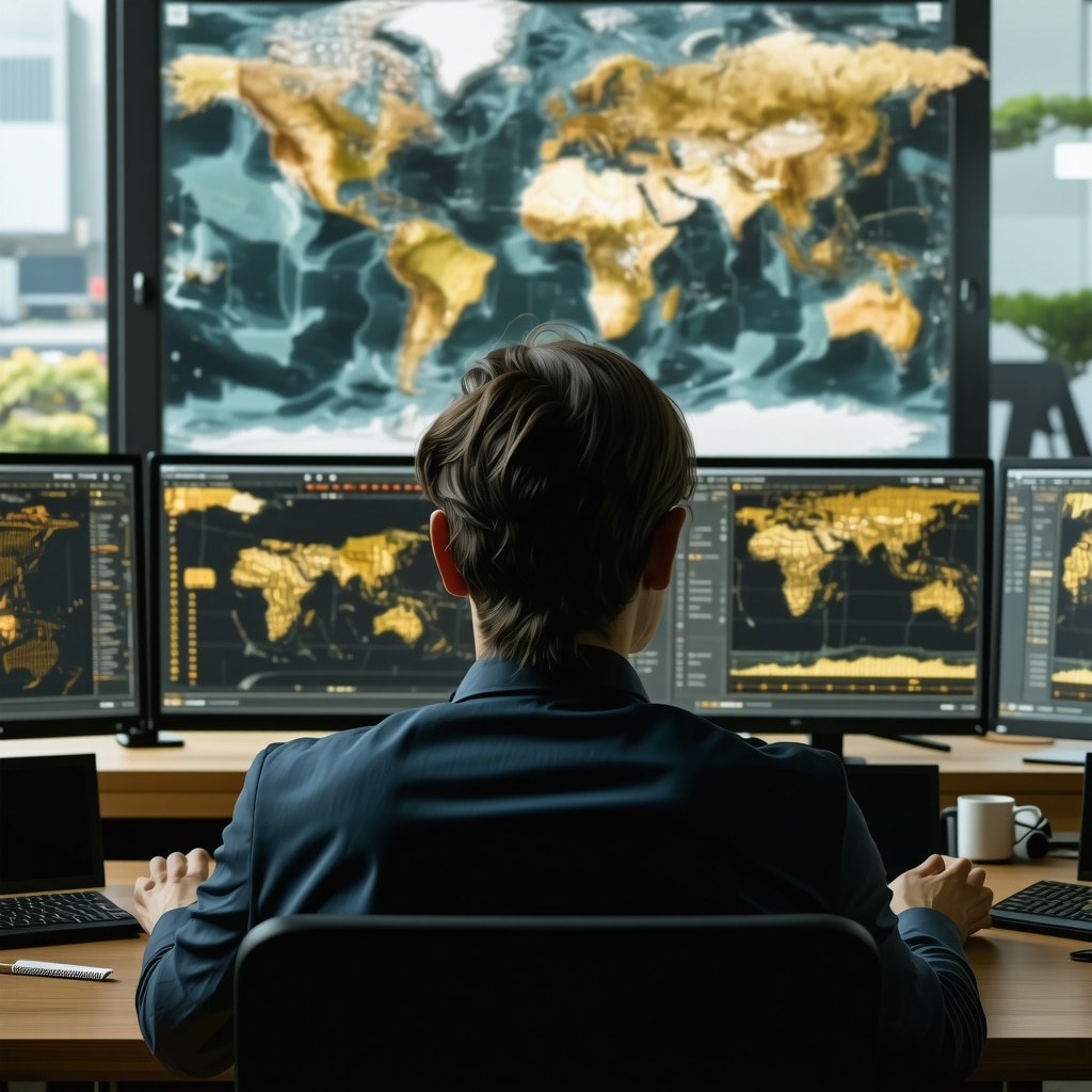 Financial analyst monitoring central bank gold purchase data and geopolitical risk maps on multiple screens