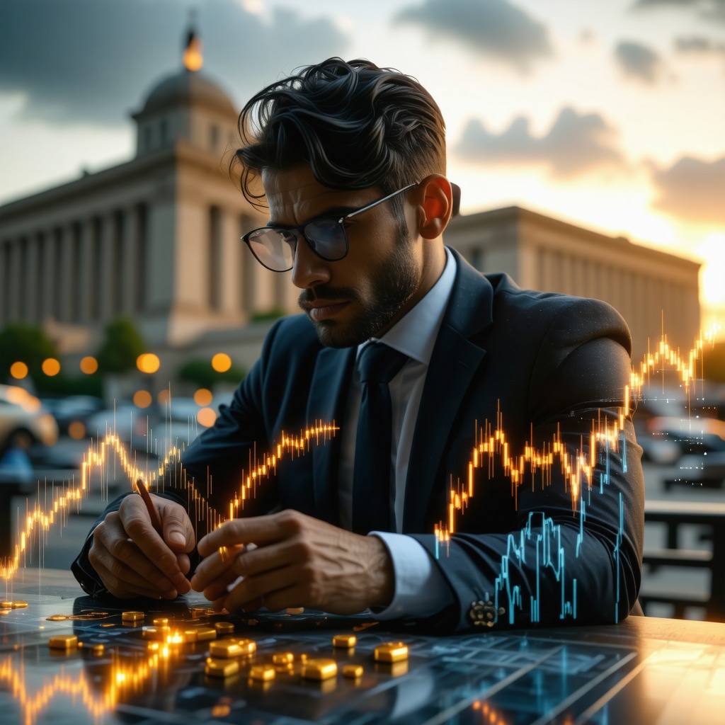 Financial analyst reviewing gold market charts and central bank activity with digital overlays