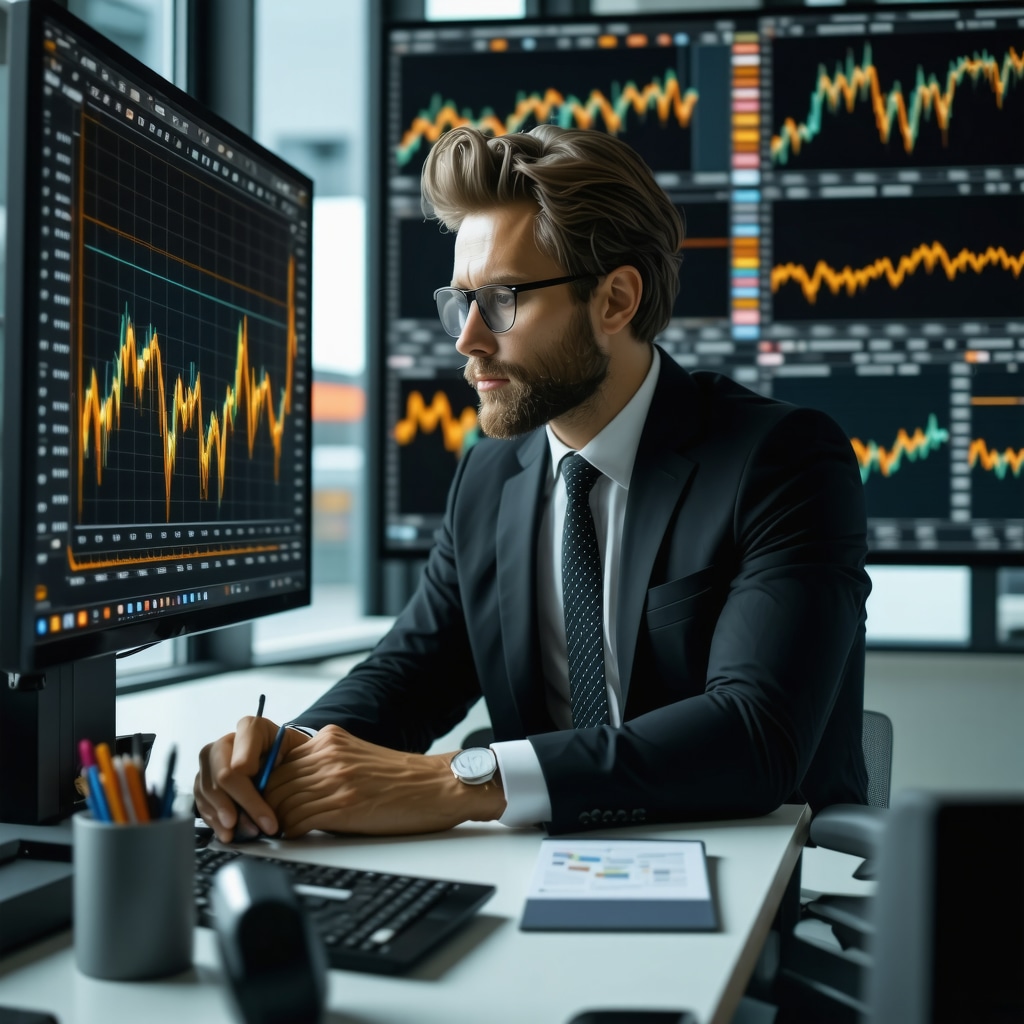 Analyst reviewing central bank gold reserve reports and predictive analytics on multiple screens
