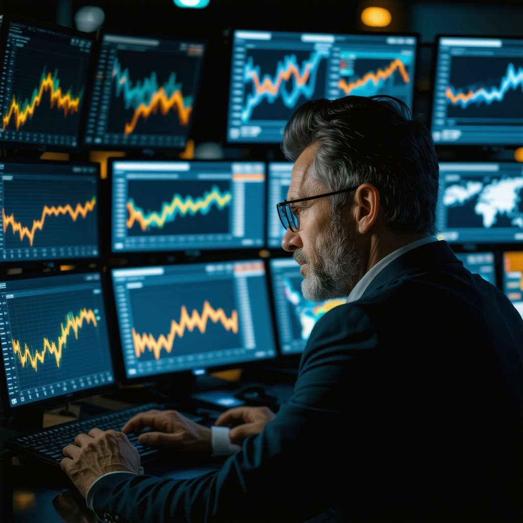 Analyst analyzing ESG and gold mining ETF data on multiple screens