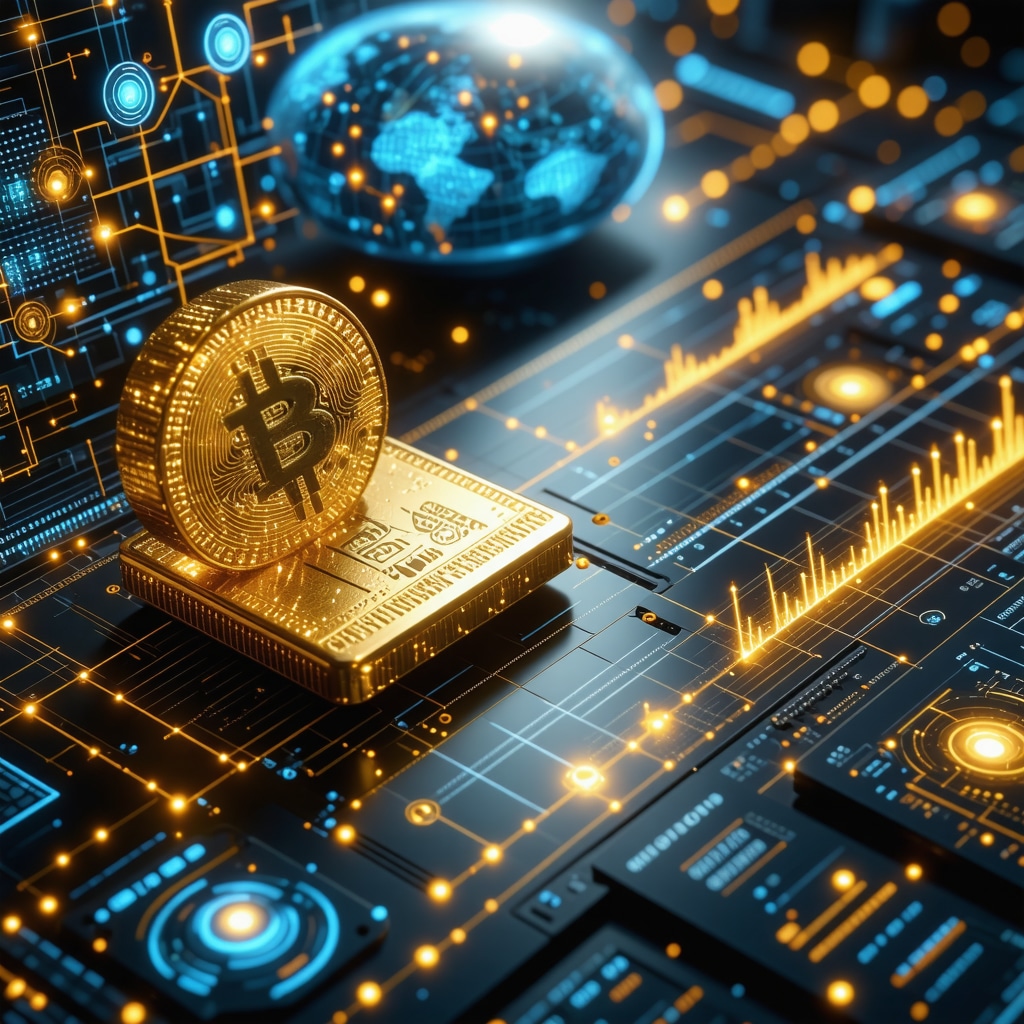 Digital interface depicting encrypted gold transactions with AI and distributed ledger data visualizations