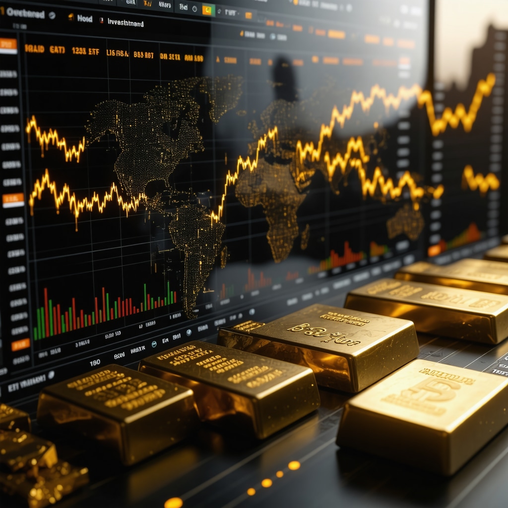 Futuristic financial dashboard showing AI analytics, blockchain technology, currency exchange rates overlaid on gold bars and ETF charts