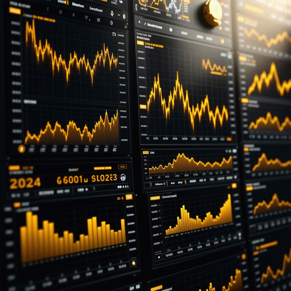 Digital dashboard showing machine learning analysis and blockchain technology for gold investment