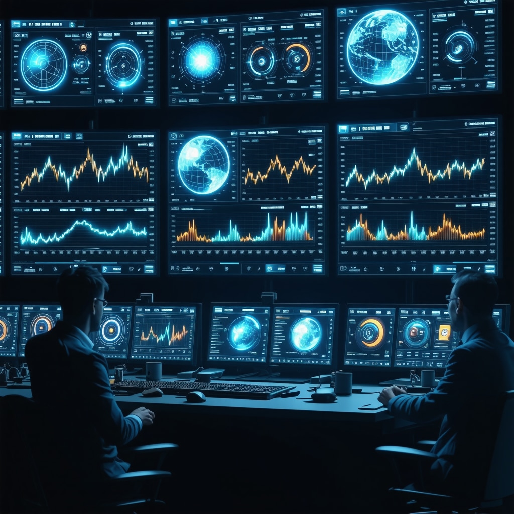 Digital control room of gold mining operation displaying ESG and AI analytics dashboards