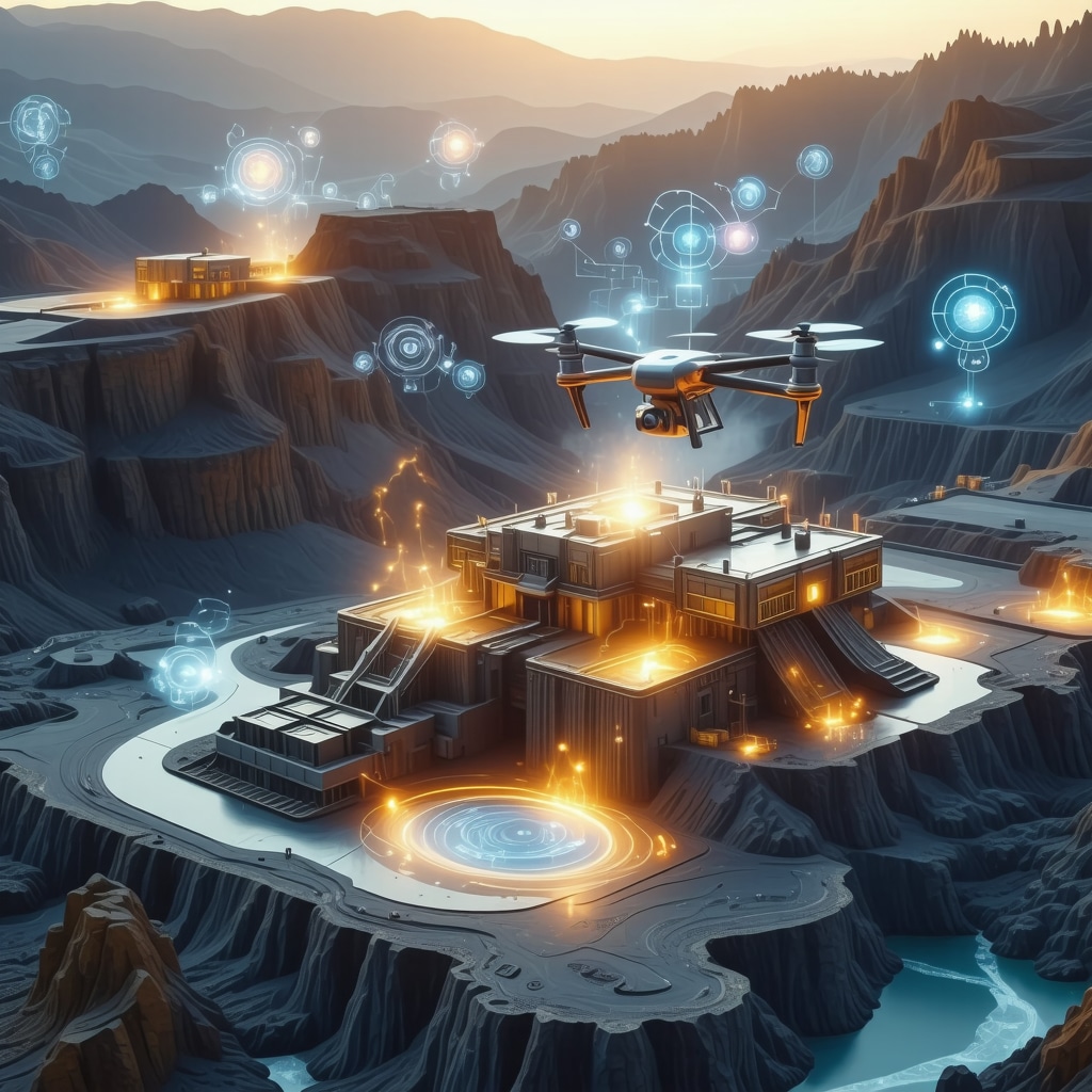 Illustration of advanced gold mining using AI, drones, and satellite data for sustainable extraction