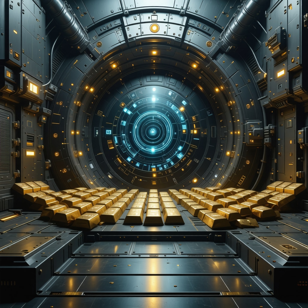 Secure vault storing physical gold bars combined with digital blockchain authentication visuals
