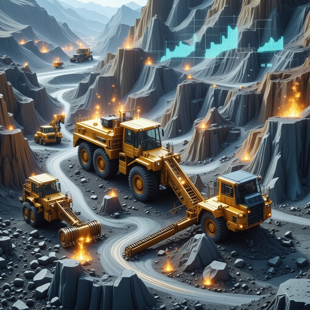 Illustration of advanced gold mining techniques combined with real-time market sentiment and ESG data visualizations