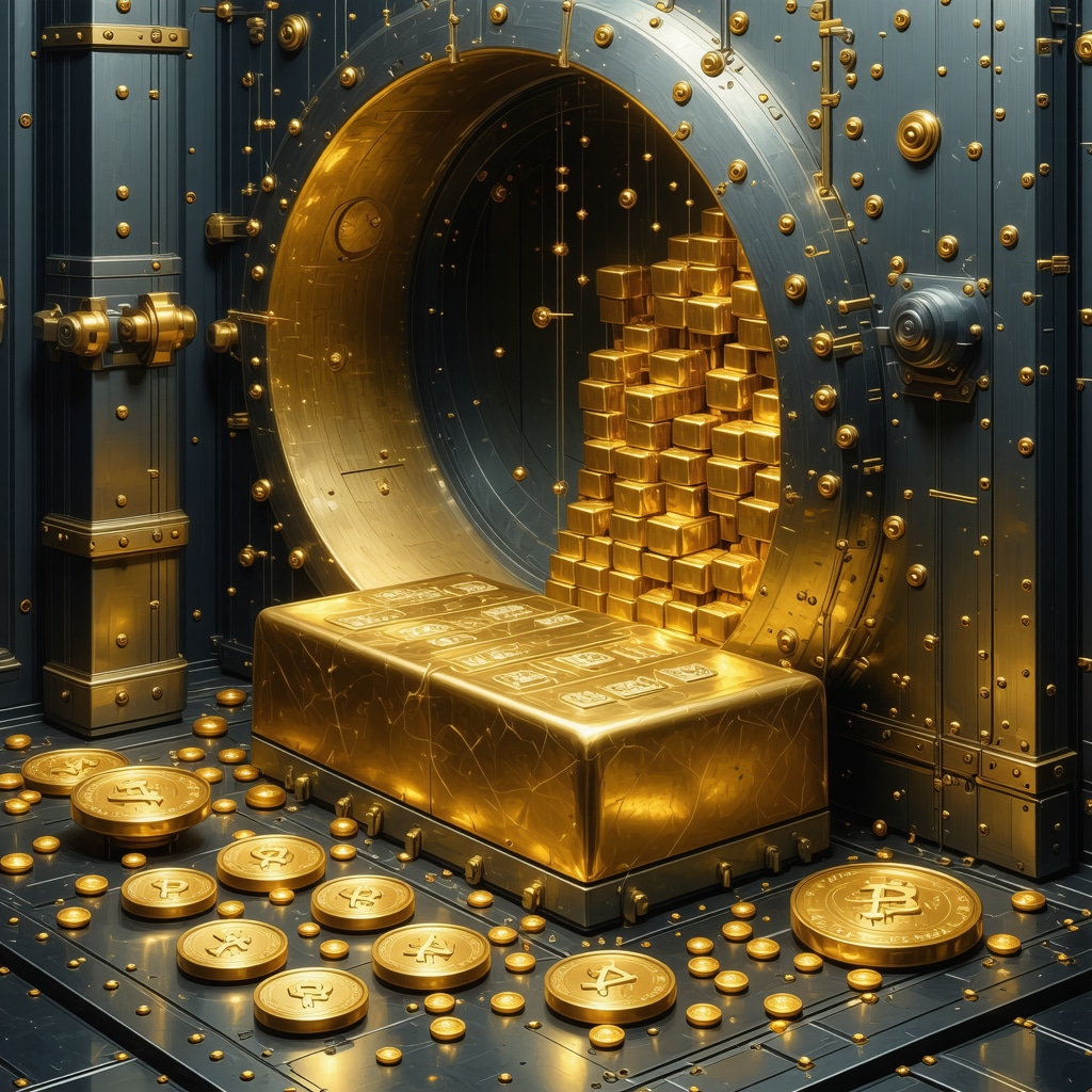 Digital illustration of a vault containing physical gold bars and blockchain tokens representing tokenized gold