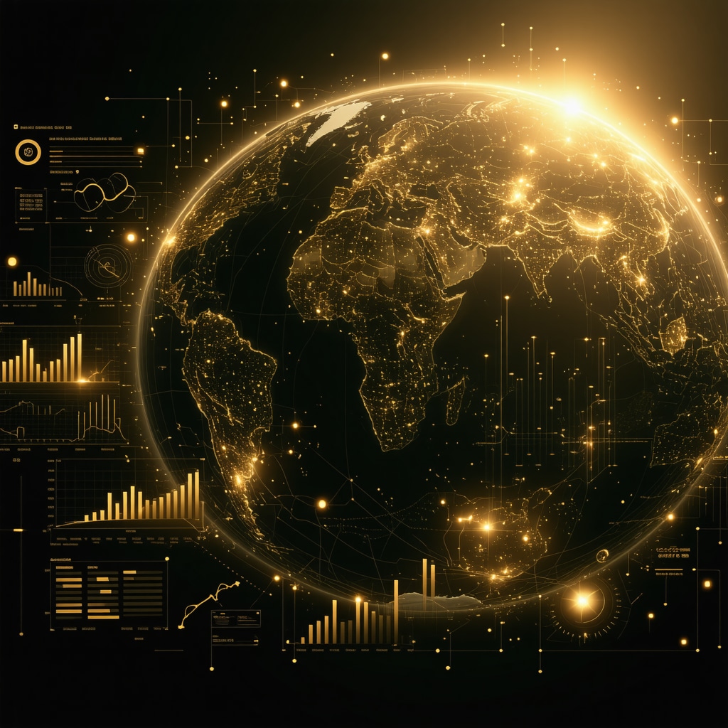 Digital interface with gold tokenization and AI-driven analytics graphs over a globe background