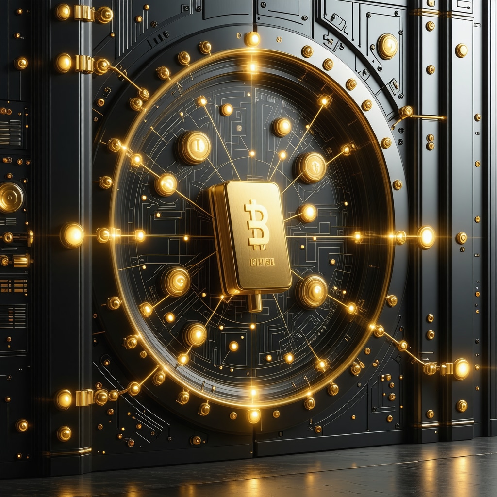 Digital vault with holographic gold bars and quantum/blockchain symbols representing advanced gold investment technology