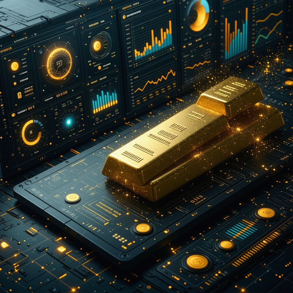 Digital dashboard showing AI, ESG, and quantum computing data for gold market analytics