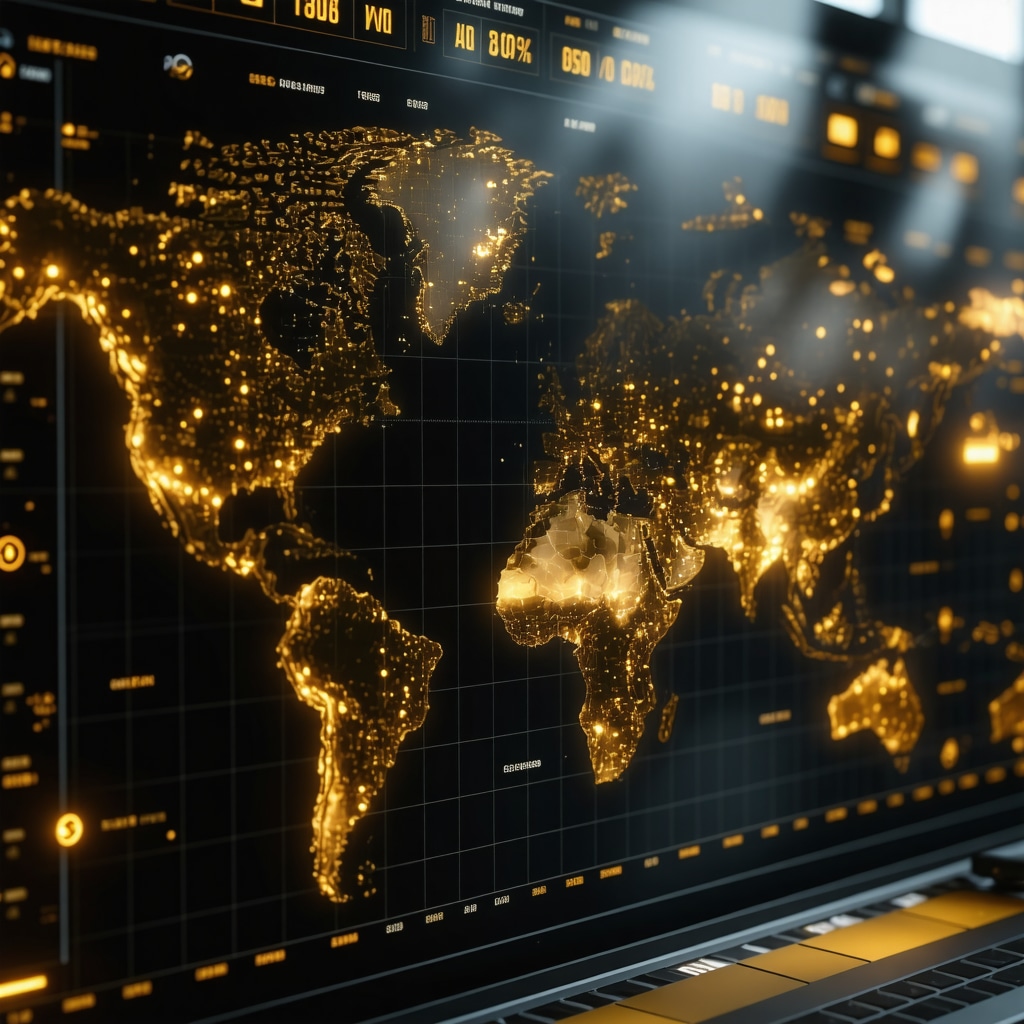 Digital dashboard showing gold price charts, ESG scores, and geopolitical risk analytics for advanced investment strategies
