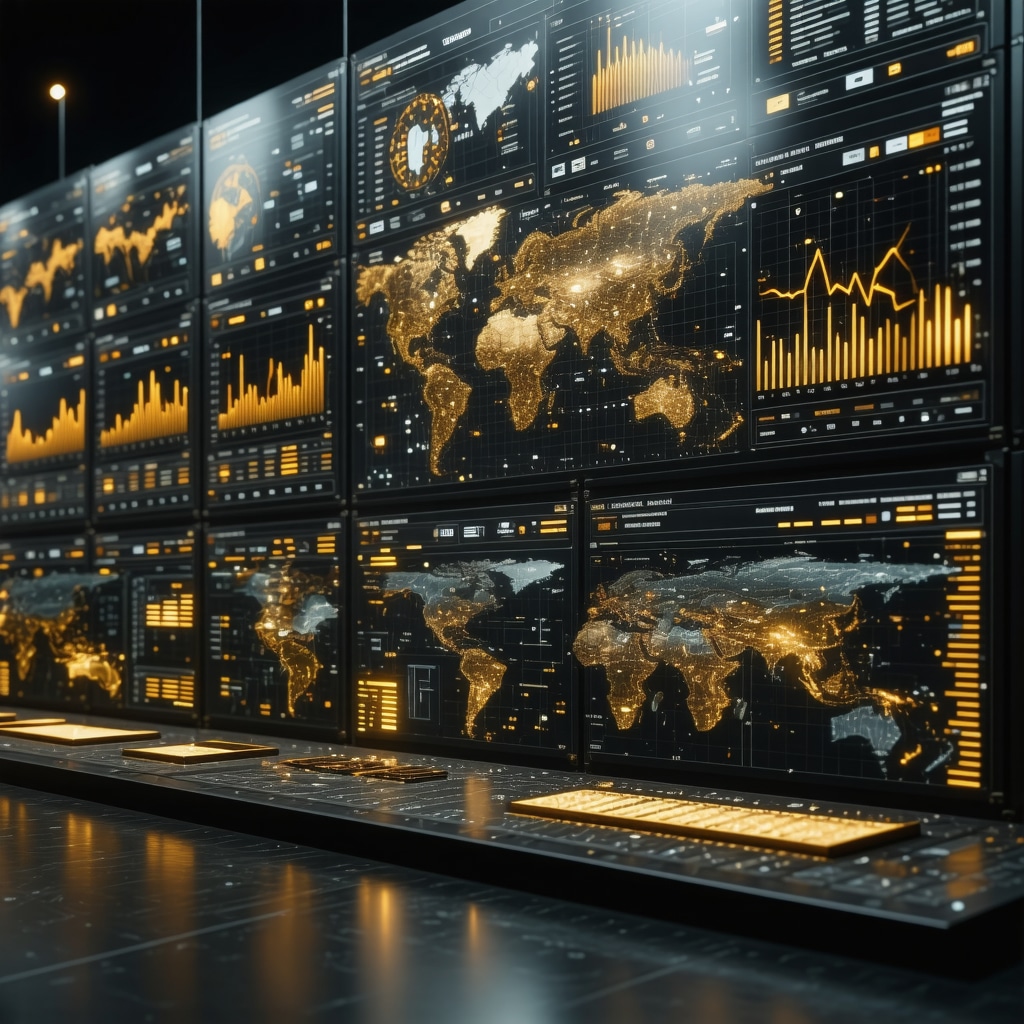 High-tech dashboard showing AI analytics and sustainability metrics for gold investment
