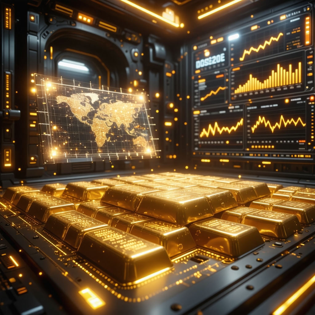 High-tech gold vault with biometric access and blockchain certification hologram