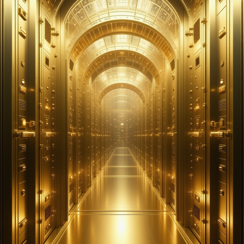 Gold vault with biometric security and blockchain digital overlays representing advanced gold storage security