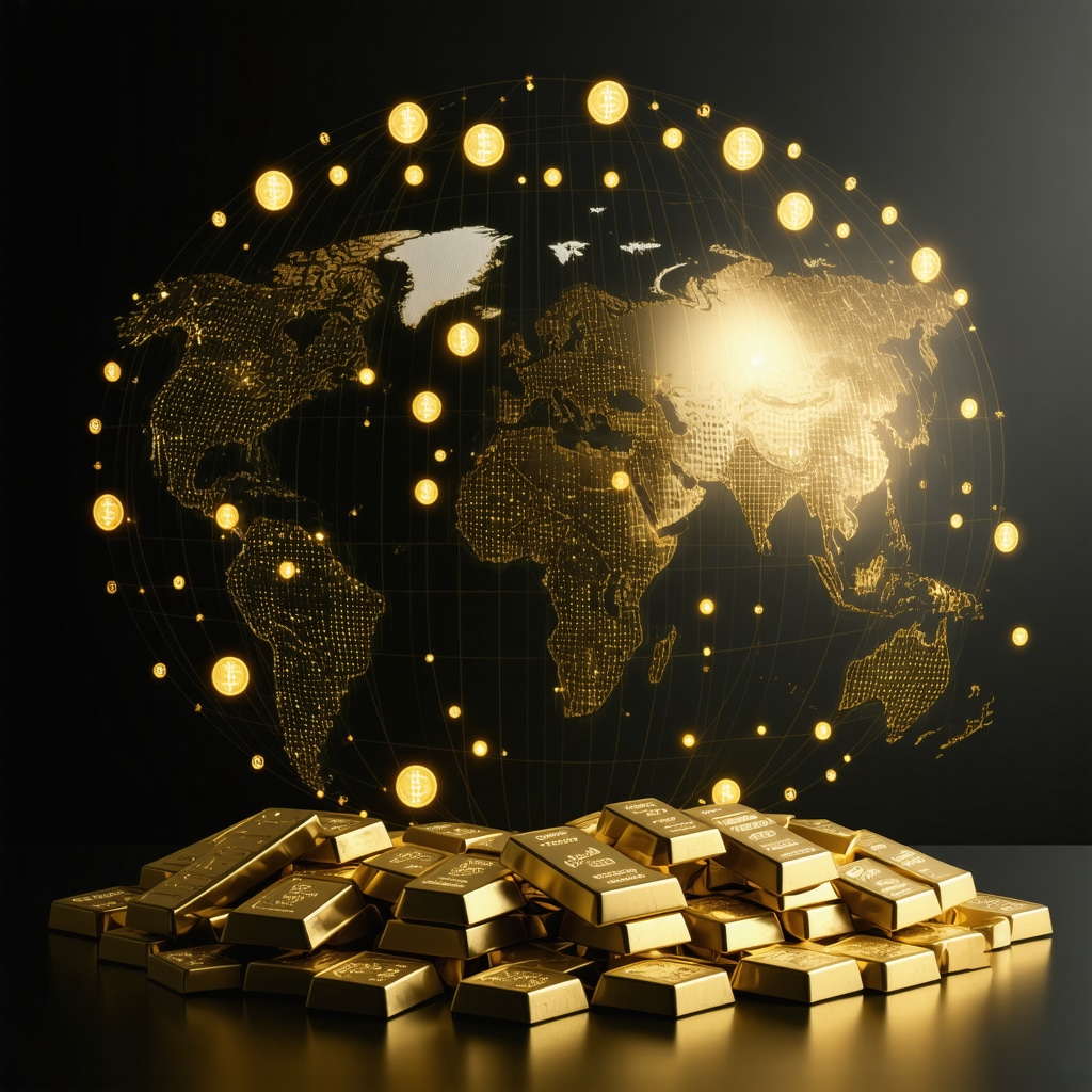Financial chart with gold bars and digital currency symbols representing global currency impact on gold prices