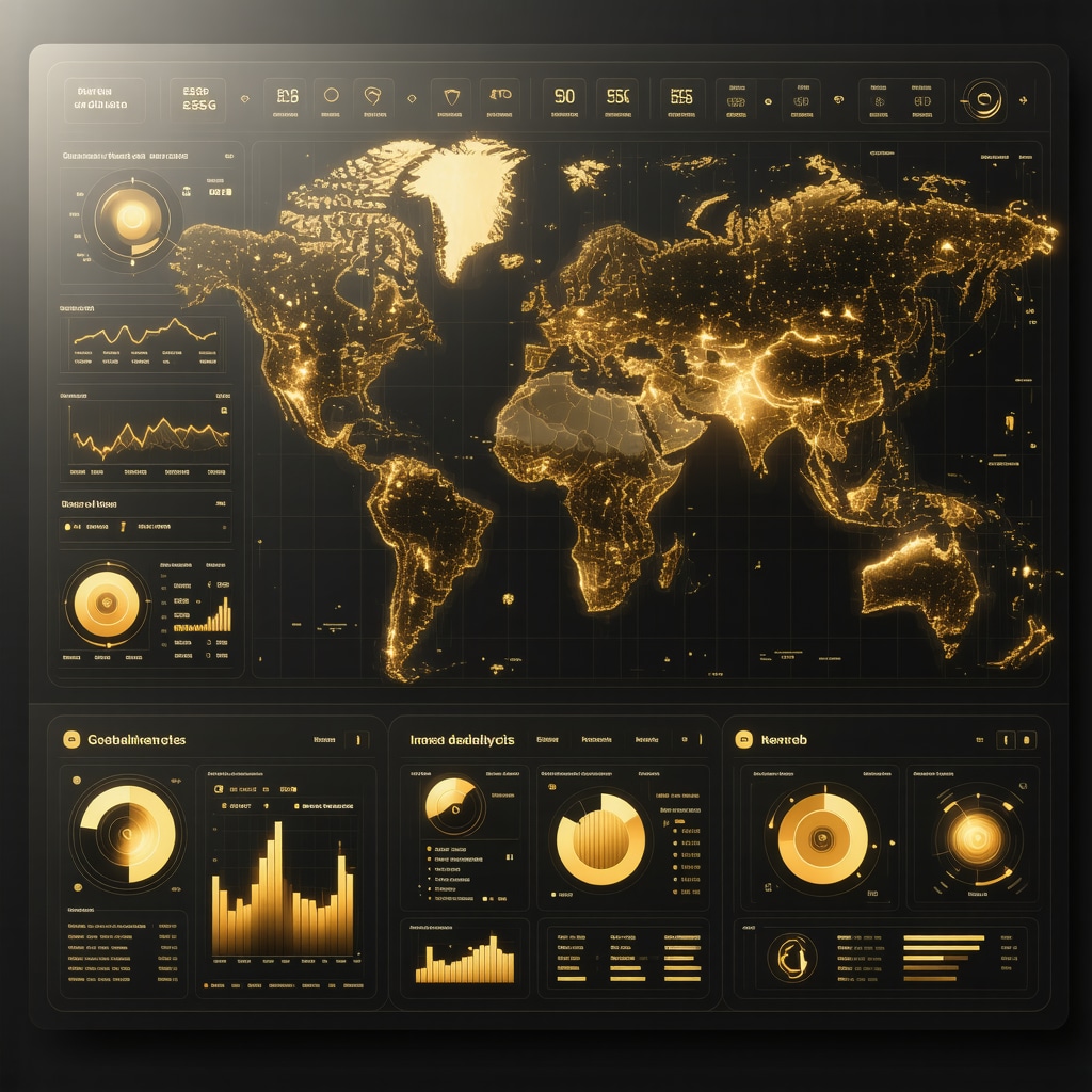 Digital dashboard showing gold market data, ESG metrics, and AI analytics charts