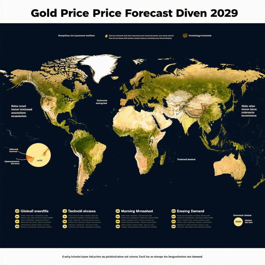 Infographic illustrating key drivers influencing gold price forecasts in 2029 including geopolitical risks, mining technology, and emerging market demand