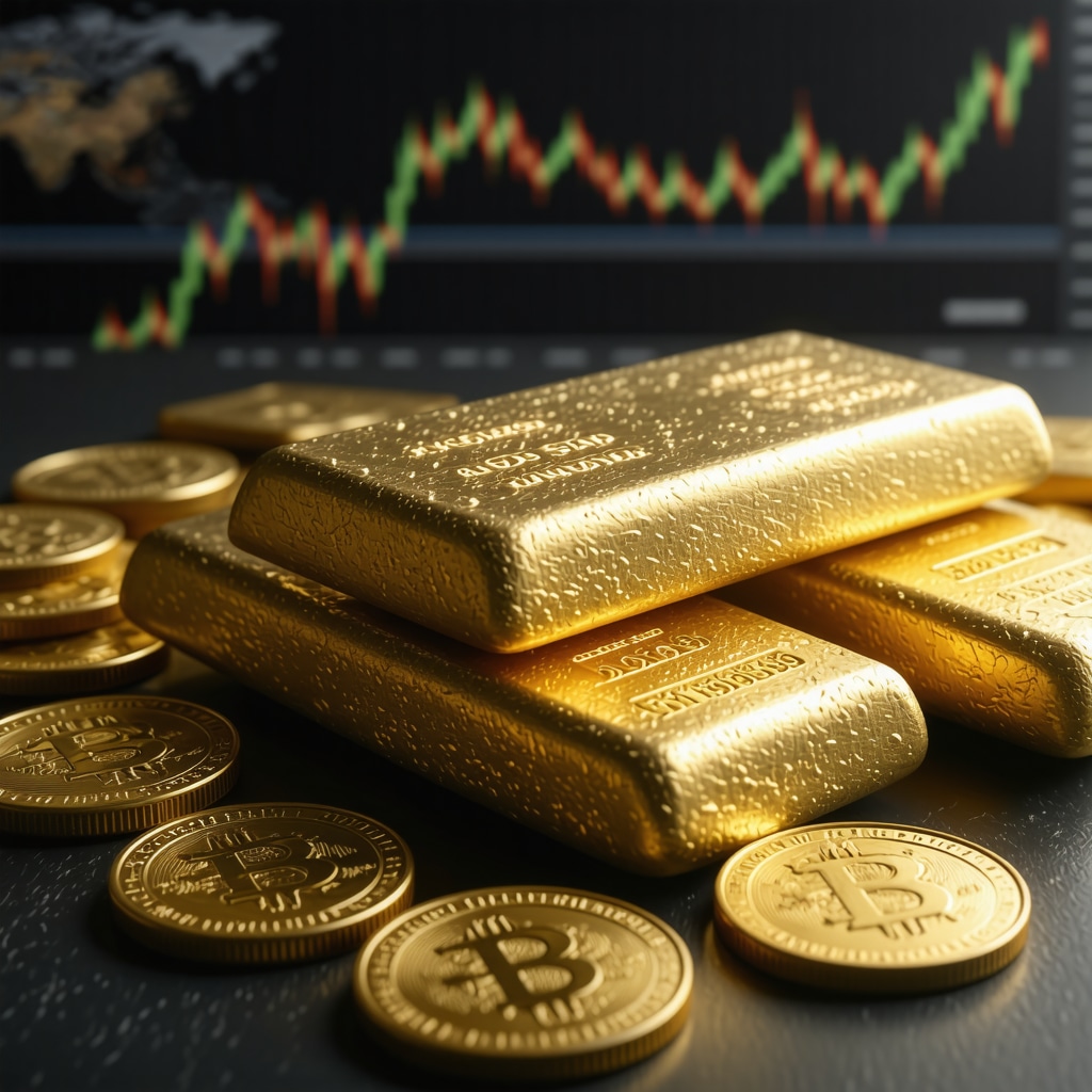 Gold bars and coins with financial charts and world map representing gold investment trends