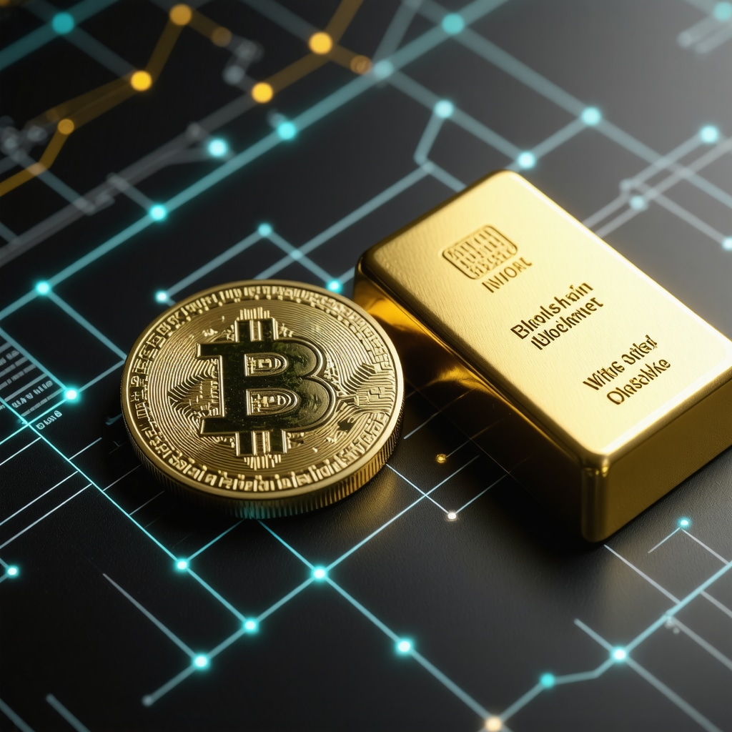 Gold coin and bar illustrating advanced authentication technologies with blockchain background