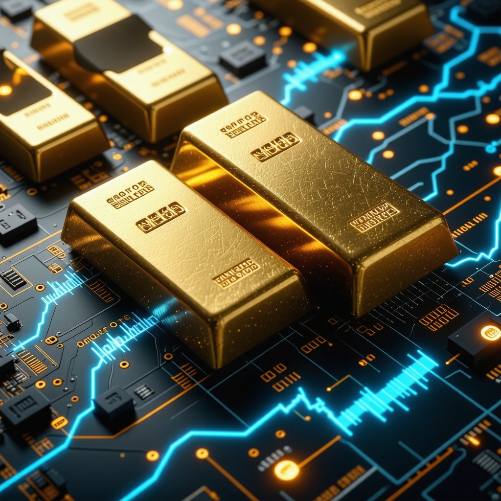 Graph illustrating gold price influenced by technology demand and central bank policies with gold bars and circuits in background