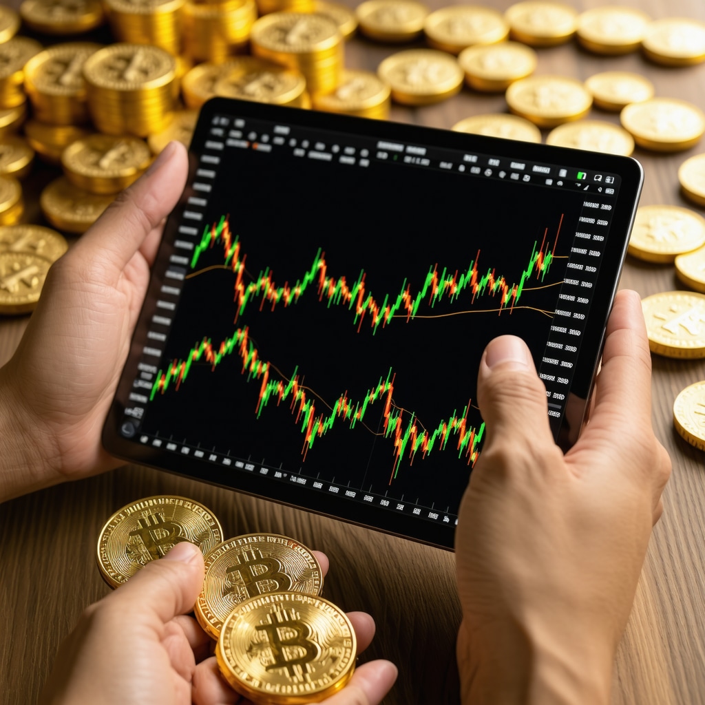 Close-up of hands holding gold coins with a digital tablet showing gold market charts