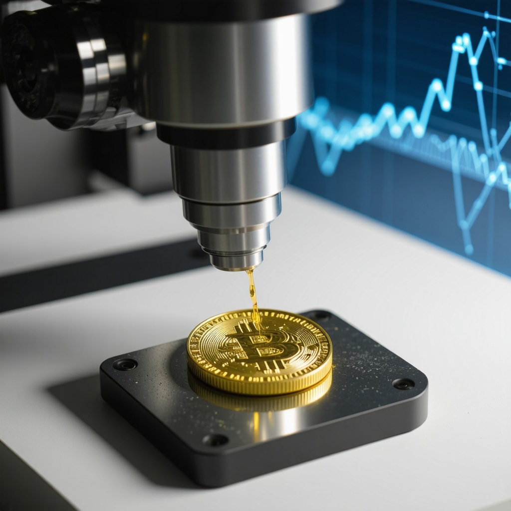 Gold coin being analyzed by XRF machine with blockchain provenance data overlay
