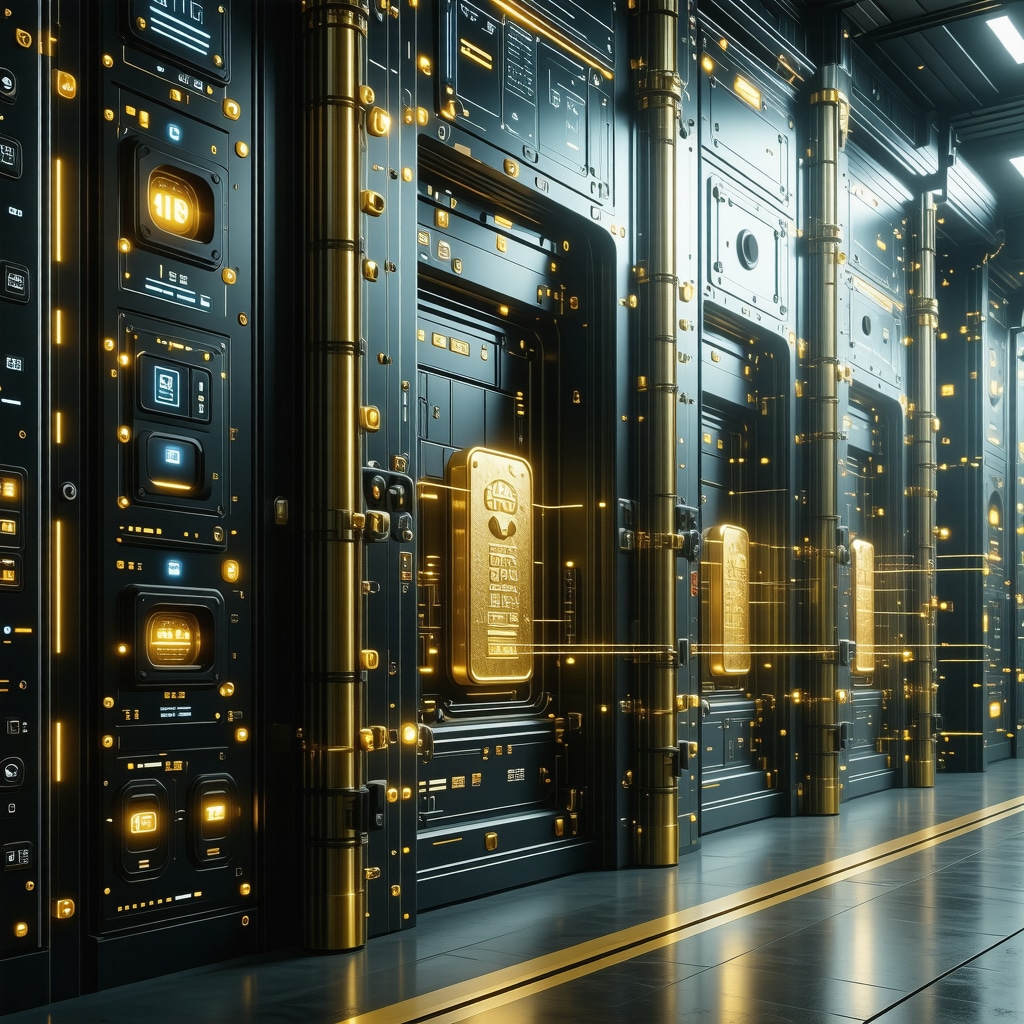 Futuristic vault with biometric security and blockchain interface for gold bar provenance