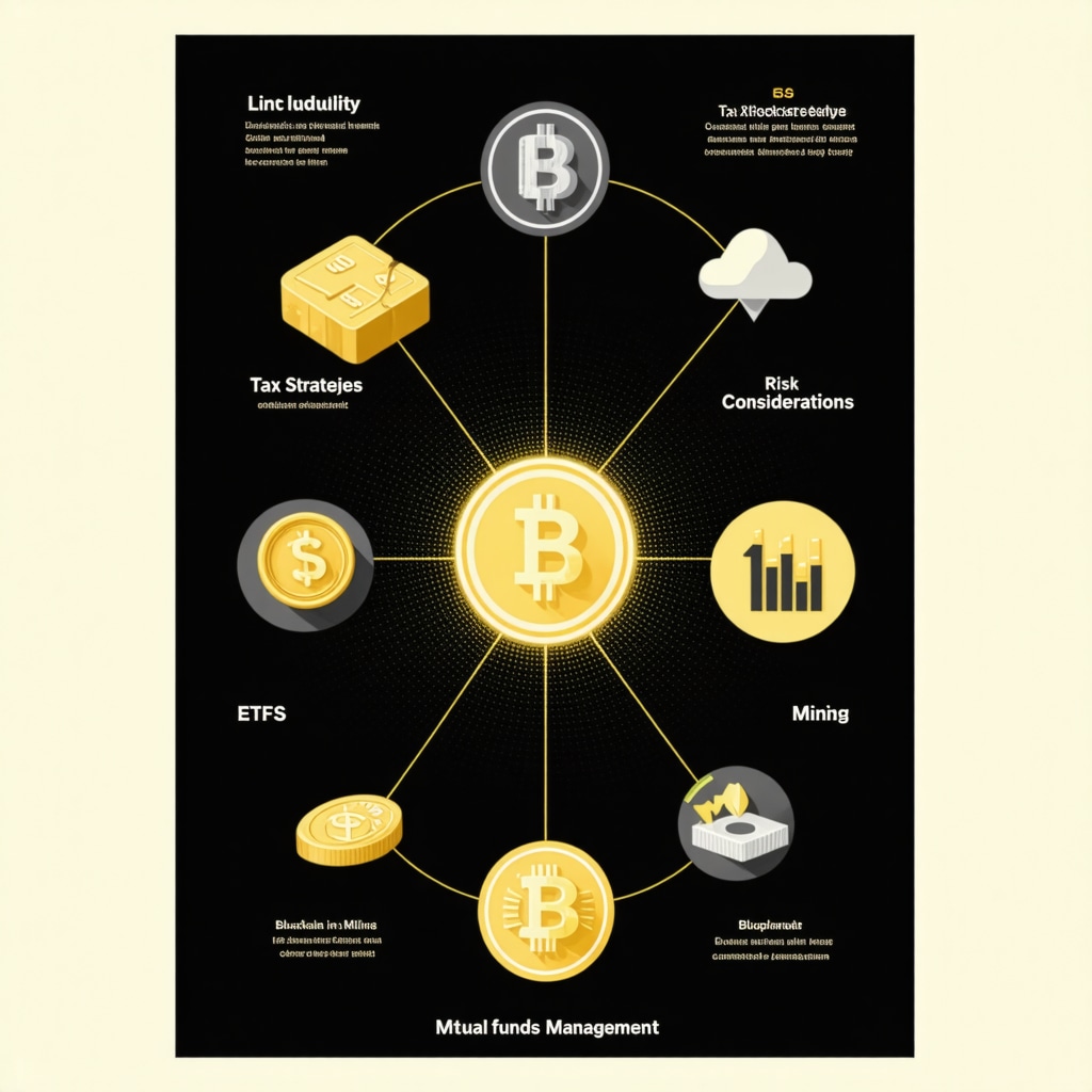 Infographic depicting liquidity, tax efficiency, ESG, and risk management in gold ETFs and mutual funds