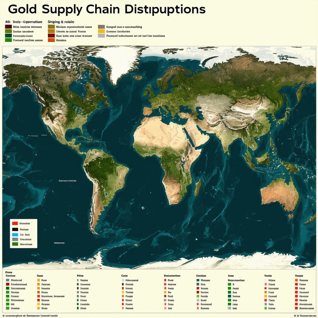 Diagram showing mining operations, shipping routes, and geopolitical risks affecting gold supply and prices
