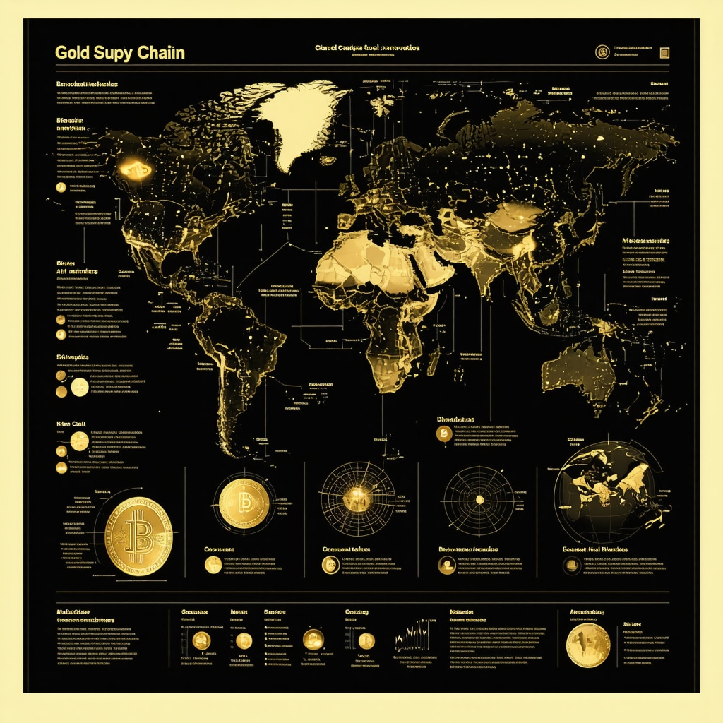Advanced infographic showing integration of blockchain, AI in gold supply chain with digital gold tokens and economic graphs
