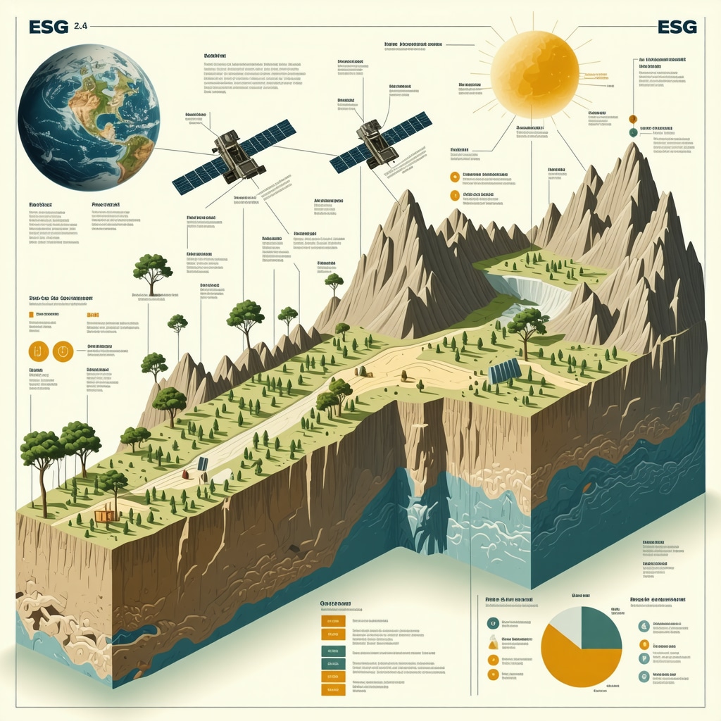 Infographic showing satellite technology and ESG metrics influencing gold mining stock investment decisions