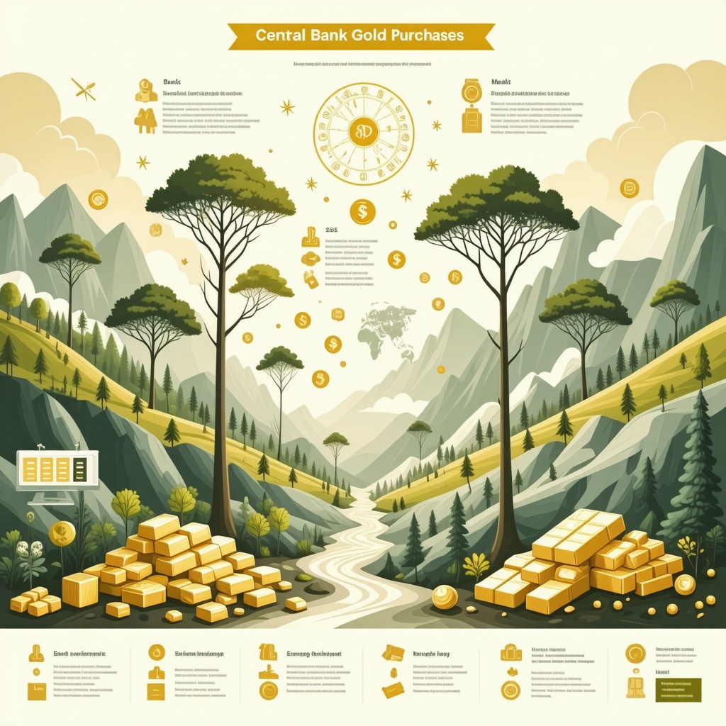 Infographic showing central bank gold purchases impact, investor sentiment, market liquidity, and blockchain-based ESG gold supply chain traceability
