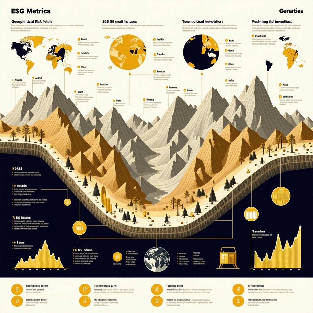 Infographic illustrating ESG factors, geopolitical and technological influences on gold mining stock performance