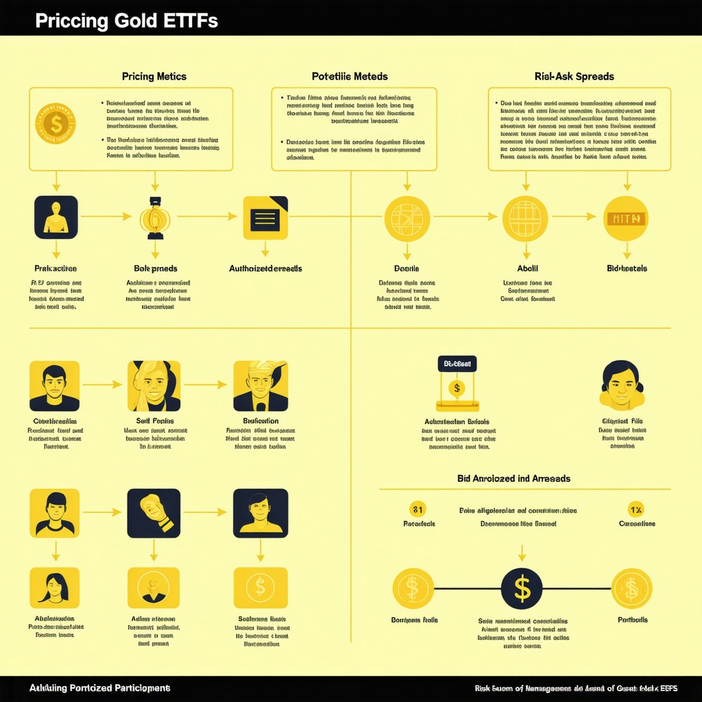 Infographic depicting the complex pricing, liquidity factors, and risk management strategies involved in gold ETF investments